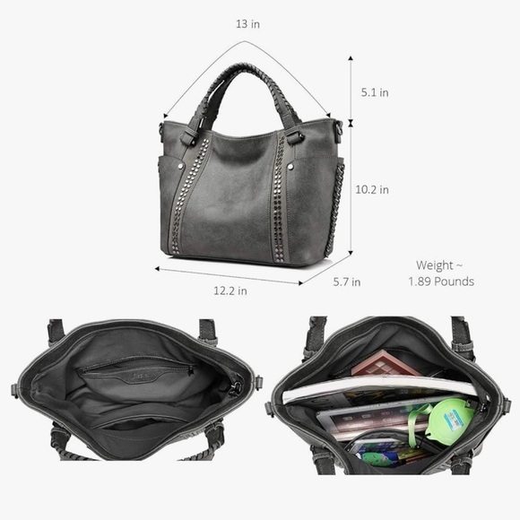 New Realer Gray Large Capacity Shoulder Bag/Tote Studded Details - Picture 16 of 16